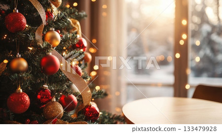 A Christmas tree close-up decorated with holiday ornaments stands near a table, and warm light streams through a window in the background during the holiday season. 133479928