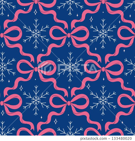 Seamless pattern with snowflakes and bows on a blue background. Vector graphics. 133480020