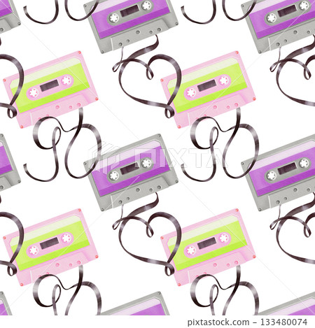 Portable player audio cassettes from 80's,90's style,tapes in shape 90,heart in seamless pattern.Watercolor illustration on transparent background for websites,fabric,stationery,theme parties 133480074