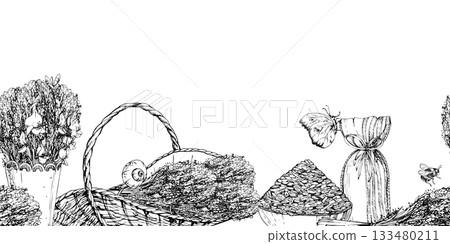 Woven trug basket of lavandula lavender flowers, sachet bags, seeds in clay bowl and Spanish broom bouquet. Isolated seamless pattern hand drawn in vector ink. Wellness beauty blend, spa branding Woven trug basket of lavandula lavender flowers, sachet bags, seeds in clay bowl and Spanish broom bouquet. Isolated seamless pattern hand drawn in vector ink. Wellness beauty blend, spa branding 133480211