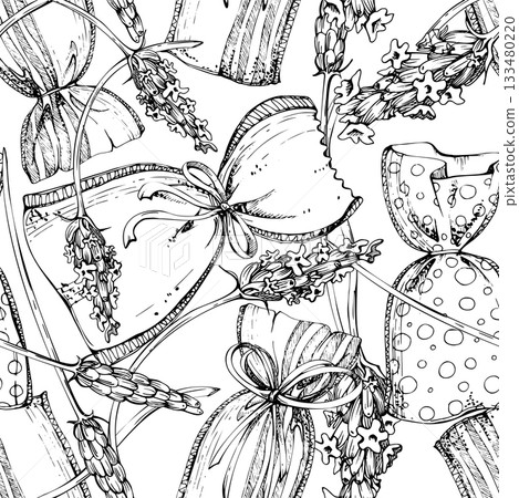 Striped and dotted lavender sachet bags with raffia ribbon bows and rustic textile texture. Seamless pattern isolated illustration hand drawn in vector ink. Market tag, wedding decor, label design Striped and dotted lavender sachet bags with raffia ribbon bows and rustic textile texture. Seamless pattern isolated illustration hand drawn in vector ink. Market tag, wedding decor, label design 133480220