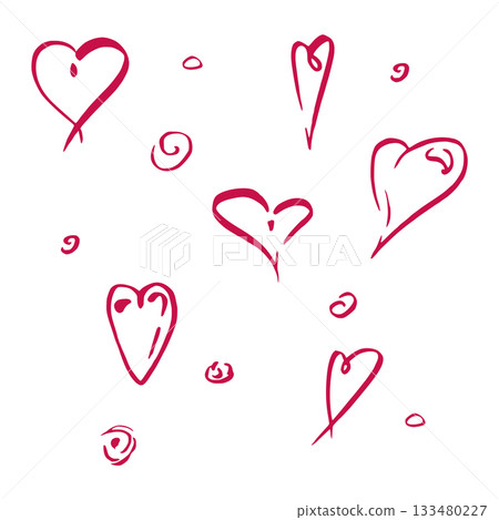 Ink sketch hearts and small circular swirl spiral shapes, expressive doodles. Vector single elements illustration. Valentine printable, romantic design template, love icons, DIY scrapbooking motifs. 133480227