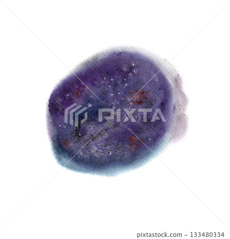 Abstract round watercolor stain in dark purple, blue and pink with stars for space themed design. Abstract round watercolor stain in dark purple, blue and pink with stars for space themed design. 133480334