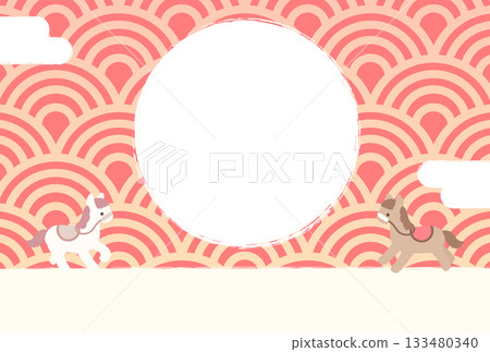 Japanese-style New Year's card with sunrise, the zodiac sign of the horse, and a Seigaiha pattern 133480340