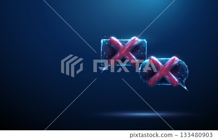 2 speech bubbles with cancel marks inside. Disagreement, blocked communication, feedback filtering, conflict signal, communication breakdown, decision denial concept. 133480903