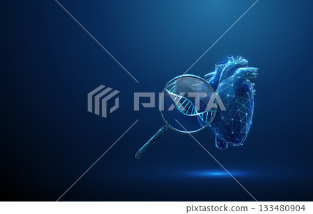 3d blue heart with magnifying glass and DNA inside. Genetic research, hereditary disease detection, biotechnology, healthcare innovation concept. 3d blue heart with magnifying glass and DNA inside. Genetic research, hereditary disease detection, biotechnology, healthcare innovation concept. 133480904