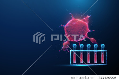 Red tumor with blood test rack. Cancer diagnostics, oncology research, medical analysis, blood testing, disease detection, biomedical study concept. 133480906
