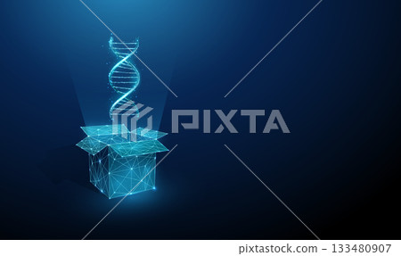 3d blue dna helix from an open box. Biotechnology innovation, hereditary research, personalized medicine, genetic material collection, transport concept. 3d blue dna helix from an open box. Biotechnology innovation, hereditary research, personalized medicine, genetic material collection, transport concept. 133480907