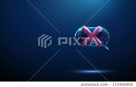 Speech bubble with red cross mark inside. Communication error, incorrect answer, blocked message, misunderstanding, prohibition, failed request concept. 133480908