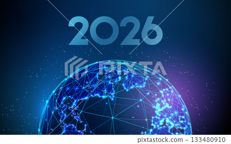 2026 New Year greeting card with planet. Global unity, sustainability, environmental awareness, international development, world progress, future innovation concept. 133480910