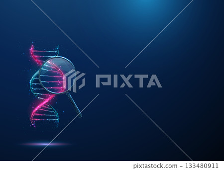 Purple 3D DNA under magnifying glass. Genetic mutation, DNA sequencing, molecular biology, gene editing, scientific innovation, diagnostics concept Purple 3D DNA under magnifying glass. Genetic mutation, DNA sequencing, molecular biology, gene editing, scientific innovation, diagnostics concept 133480911