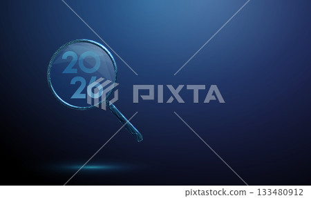 Happy 2026 New Year greeting card with magnifying glass. Search, analysis, discovery, research, focus, investigation, insight, knowledge exploration concept. Happy 2026 New Year greeting card with magnifying glass. Search, analysis, discovery, research, focus, investigation, insight, knowledge exploration concept. 133480912