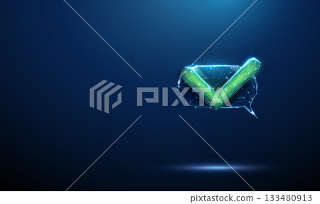 Speech bubble with green check mark. Confirmation, approval, positive response, verified message, successful communication, validated information concept. 133480913