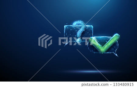 Futuristic chat bubbles with question mark and green check mark. Inquiry, problem resolution, communication workflow, AI-assisted support, verified responses concept. Futuristic chat bubbles with question mark and green check mark. Inquiry, problem resolution, communication workflow, AI-assisted support, verified responses concept. 133480915