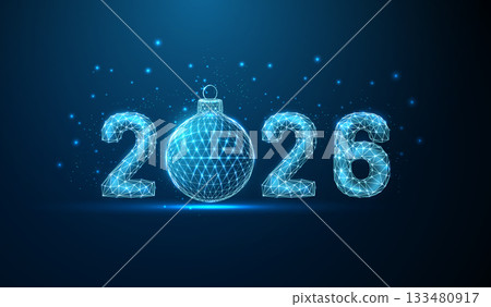 Happy New Year card with 2026 number with blue Christmas ball replacing zero Holiday celebration, Christmas holiday, festive season, winter decoration concept Happy New Year card with 2026 number with blue Christmas ball replacing zero Holiday celebration, Christmas holiday, festive season, winter decoration concept 133480917