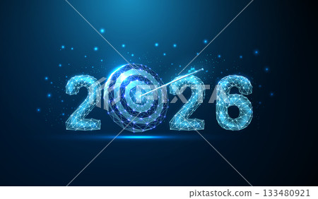 Happy 2026 New Year greeting card with arrow and dartboard target. Goal achievement, precision, strategic planning, performance improvement concept. 133480921