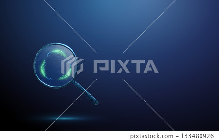 3d blue magnifying glass with three leaves arranged in a circle inside. Recycling, circular economy, green energy, resource conservation concept. 133480926