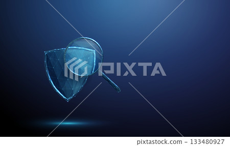 3d blue shield under a magnifying glass. Security, protection, safety, defense, risk assessment, quality control, cybersecurity concept. 3d blue shield under a magnifying glass. Security, protection, safety, defense, risk assessment, quality control, cybersecurity concept. 133480927