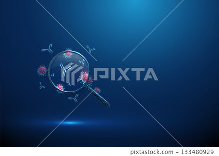 Magnifying glass with antibodies and viruses inside Immune response analysis, viral infection diagnostics, serological test, biotechnology concept. 133480929