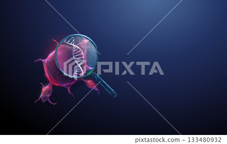 Red tumor under a magnifying glass with DNA inside. Cancer research, genetic analysis, molecular diagnostics, oncology study, precision medicine concept. 133480932