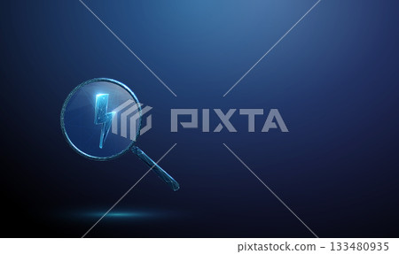 3D blue magnifying glass with a lightning bolt inside. Energy inspection, electrical analysis, voltage monitoring, electricity research, power detection concept. 133480935