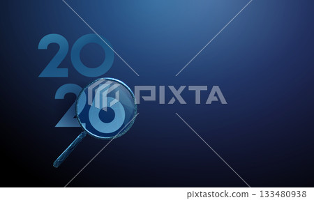 Happy 2026 New Year greeting card with magnifying glass. Search, analysis, discovery, research, focus, investigation, insight, knowledge exploration concept. 133480938