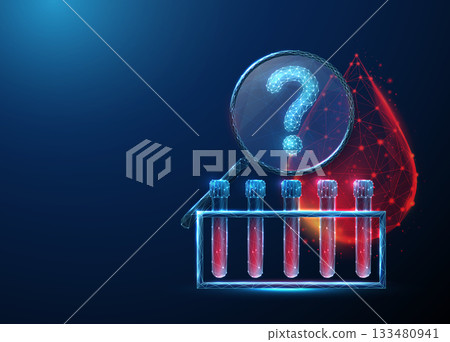 3d blood test rack, blood drop with a magnifying glass and question mark inside. Medical diagnostics, unknown blood condition, undiagnosed pathology concept. 133480941