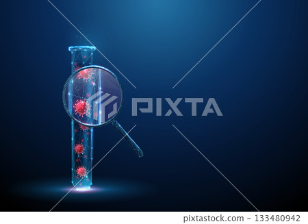 3d test tube with viruses inside under magnifying glass. Viral infection detection, pathogen analysis, biotechnology, medical research concept. 133480942