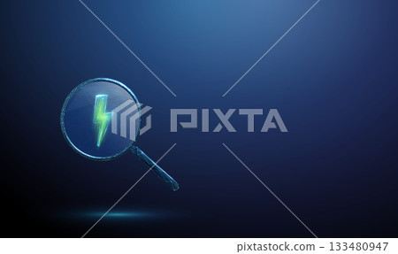 Green lightning bolt inside a magnifying glass. Energy, electricity, power, renewable energy, sustainability, clean energy analysis concept. 133480947