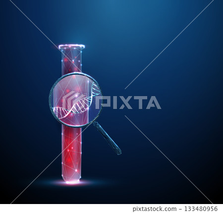 3d test tube with blood under magnifying glass with DNA inside. Genetic analysis, DNA sequencing, molecular biology, clinical investigation concept. 3d test tube with blood under magnifying glass with DNA inside. Genetic analysis, DNA sequencing, molecular biology, clinical investigation concept. 133480956