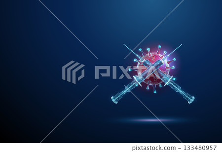 Two crossed syringes in front of virus. Vaccination, immunization, medical protection, antiviral treatment, healthcare, epidemic prevention concept. Two crossed syringes in front of virus. Vaccination, immunization, medical protection, antiviral treatment, healthcare, epidemic prevention concept. 133480957