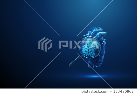 3d blue human heart under magnifying glass with gears inside. Cardiovascular analysis, medical diagnostics, healthcare optimization, biomedical engineering concept. 3d blue human heart under magnifying glass with gears inside. Cardiovascular analysis, medical diagnostics, healthcare optimization, biomedical engineering concept. 133480962