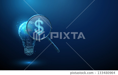 3d blue light bulb with a magnifying glass showing a dollar sign inside. Financial insight, investment strategy, economic analysis, wealth management concept. 133480964