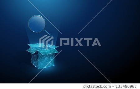 Magnifying glass emerging from an open box. Investigation, creative thinking, analytics, quality control, scientific research, innovation, discovery concept. 133480965