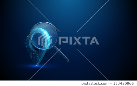 3d blue pin location icon with magnifying glass. Navigation, geolocation, search, map exploration, route finding, travel planning, direction concept. 3d blue pin location icon with magnifying glass. Navigation, geolocation, search, map exploration, route finding, travel planning, direction concept. 133480966