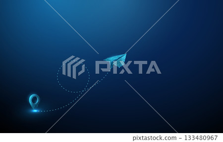 Paper airplane flying from a pin icon point, following dashed line path with a loop. Navigation, travel planning, creativity, innovation concept. Paper airplane flying from a pin icon point, following dashed line path with a loop. Navigation, travel planning, creativity, innovation concept. 133480967