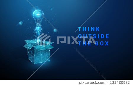 3d blue light bulb launching like a rocket from an open box with planets around. Thinking outside the box, discovery, visionary thinking concept. 3d blue light bulb launching like a rocket from an open box with planets around. Thinking outside the box, discovery, visionary thinking concept. 133480982