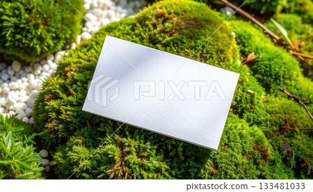 Japanese-style business card mockup decorated with moss and gravel 133481033