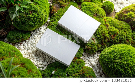 Japanese-style business card mockup decorated with moss and gravel Japanese-style business card mockup decorated with moss and gravel 133481035