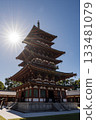 Yakushiji Temple's three-story pagoda on a sunny day 133481079