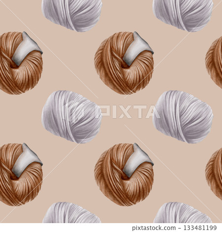 Round yarn balls with a paper tag in seamless pattern brown and grey color symbolizing National Knitting Day.It holds the warmth and coziness of a home hearth.Watercolor illustration Round yarn balls with a paper tag in seamless pattern brown and grey color symbolizing National Knitting Day.It holds the warmth and coziness of a home hearth.Watercolor illustration 133481199