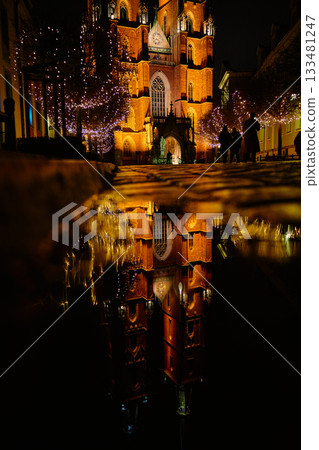 Cathedral of St John the Baptist in Wroclaw illuminated at night 133481247