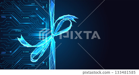 Glowing blue polygonal gift bow over circuit board lines, futuristic holiday background vector 133481585