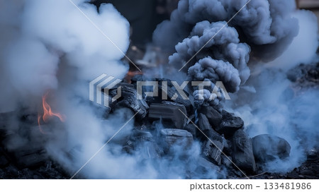A smoldering pile of charcoal emits thick smoke and a small flame in the dark 133481986