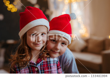 Children wearing Santa hats smiling at Christmas. Children wearing Santa hats smiling at Christmas. 133481994