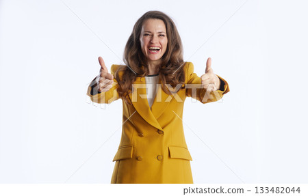 Enthusiastic Businesswoman Giving Double Thumbs Up Enthusiastic Businesswoman Giving Double Thumbs Up 133482044