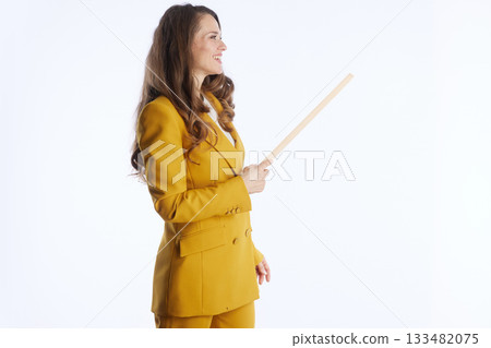 Smiling Businesswoman Instructing with Pointer Stick 133482075
