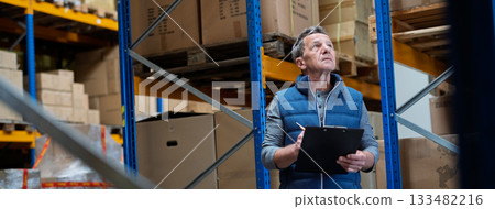 Older warehouse worker working looking at document in clipboard. Older warehouse worker working looking at document in clipboard. 133482216