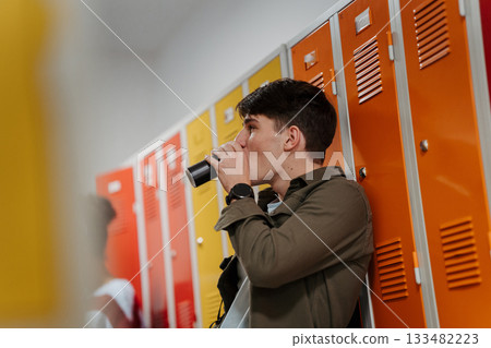Teen student drinking an energy drink in school hallway. Teen student drinking an energy drink in school hallway. 133482223