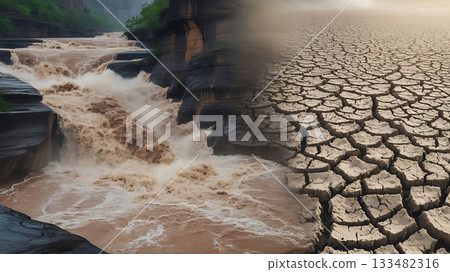 The stark contrast between a raging river and parched cracked earth landscape 133482316